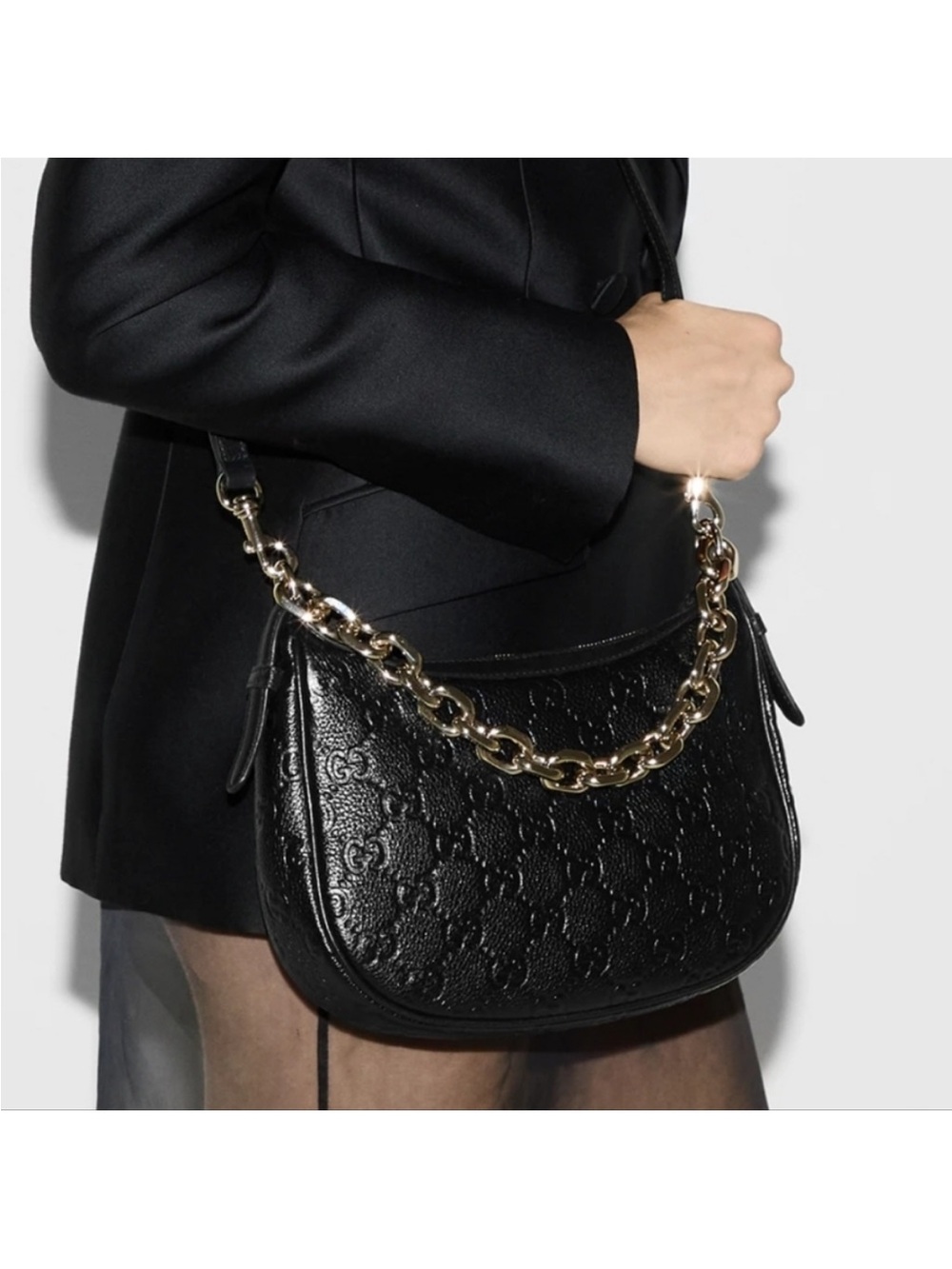 Gucci Black Embossed GG Leather Shoulder Bag with Gold Chain Detail
